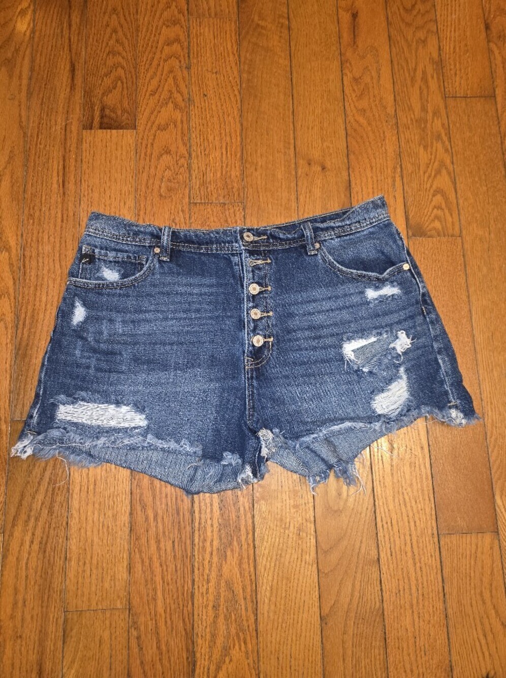 KanCan Dark Blue Distressed Button-Front Denim Shorts